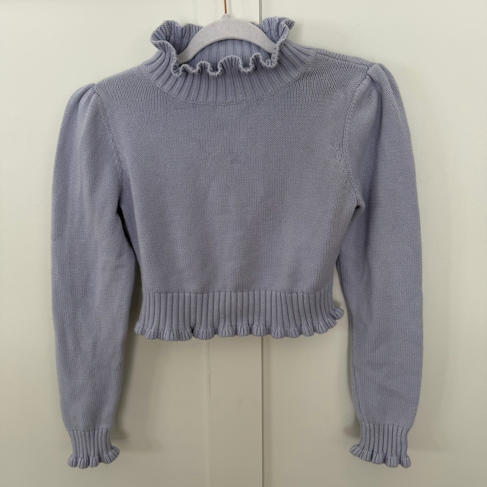 525 Women's Sweater Periwinkle Cropped Ruffle Neck Girly Coquette Cottagecore M